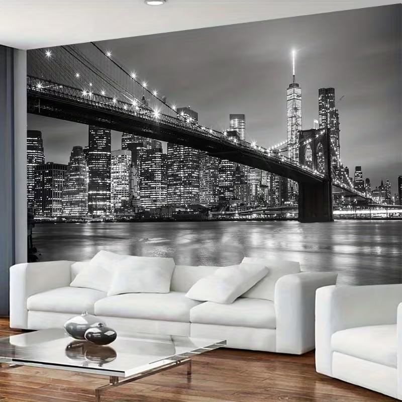 New York City Skyline Tapestry, Brooklyn Bridge Night View Backdrop for Living Room Decor