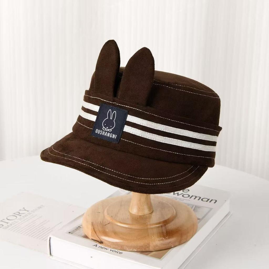 Couple sunscreen versatile face cute rabbit ears striped baseball cap men's and women's sunshade duck tongue navy hat
