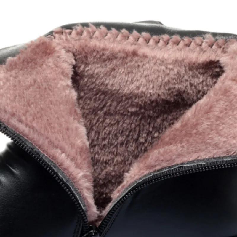 Duży Rozmiar 35-42 Damskie Zimowe Skórzane Buty Plus Aksamit Antypoślizgowe Krótkie Botki na Grubym Obcasie