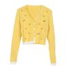 Women's French Retro Knit Cardigan: V-neck, Long Sleeve, Beaded Faux Two-Piece, Color Block Short Top
