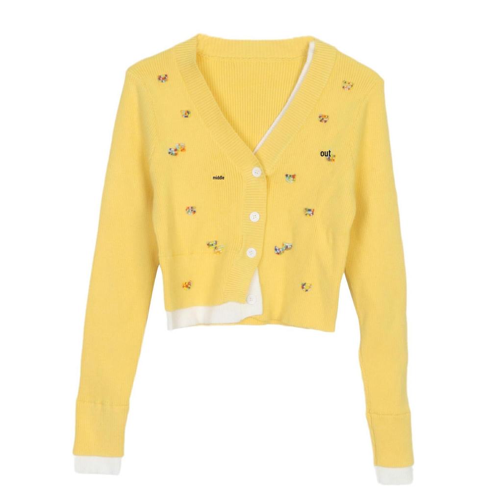 Women's French Retro Knit Cardigan: V-neck, Long Sleeve, Beaded Faux Two-Piece, Color Block Short Top