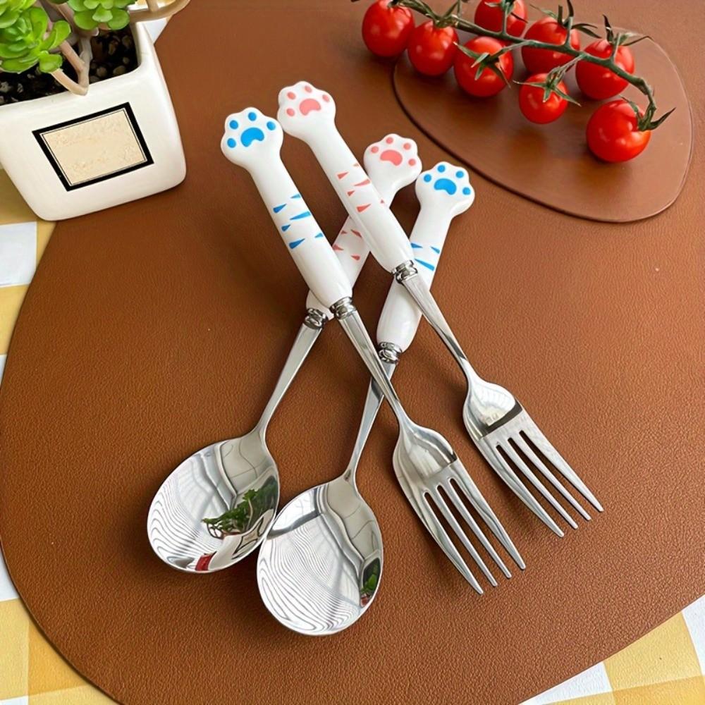 Portable Stainless Steel Fork Spoon Reusable Boxed Tableware Cat Paw Cutlery Set Tourism