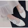 Spring New Round-toe Waterproof Platform Lace Rhinestone Low-heel Wedding Shoes Thin High-heeled Dress Large-size Women's Shoes
