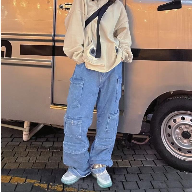 Design Sense Niche Workwear Jeans for Women Retro Drawstring Multi-pocket Straight Loose Casual Trousers