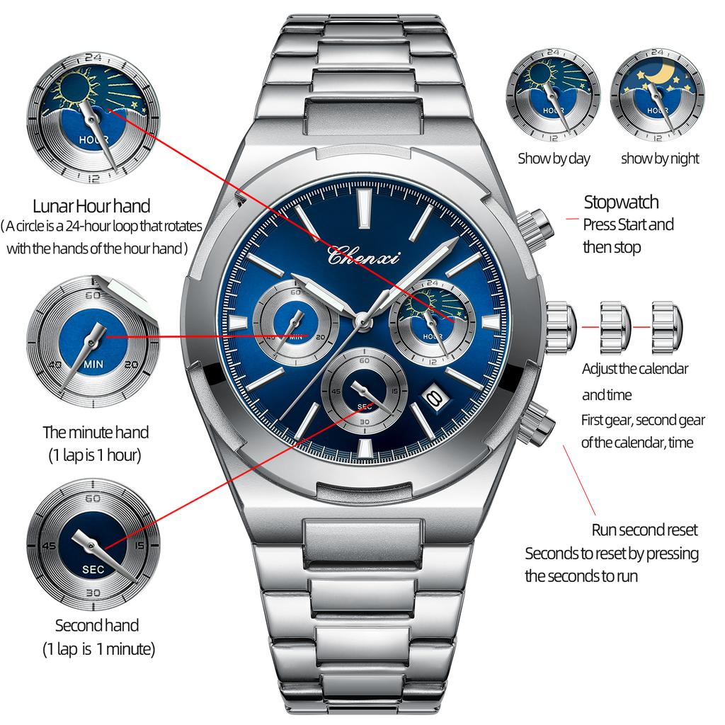 Men's Watches Classic Multifunctional Chronograph Sports Watch Top Luxury Stainless Steel Waterproof Luminous Quartz Wristwatch