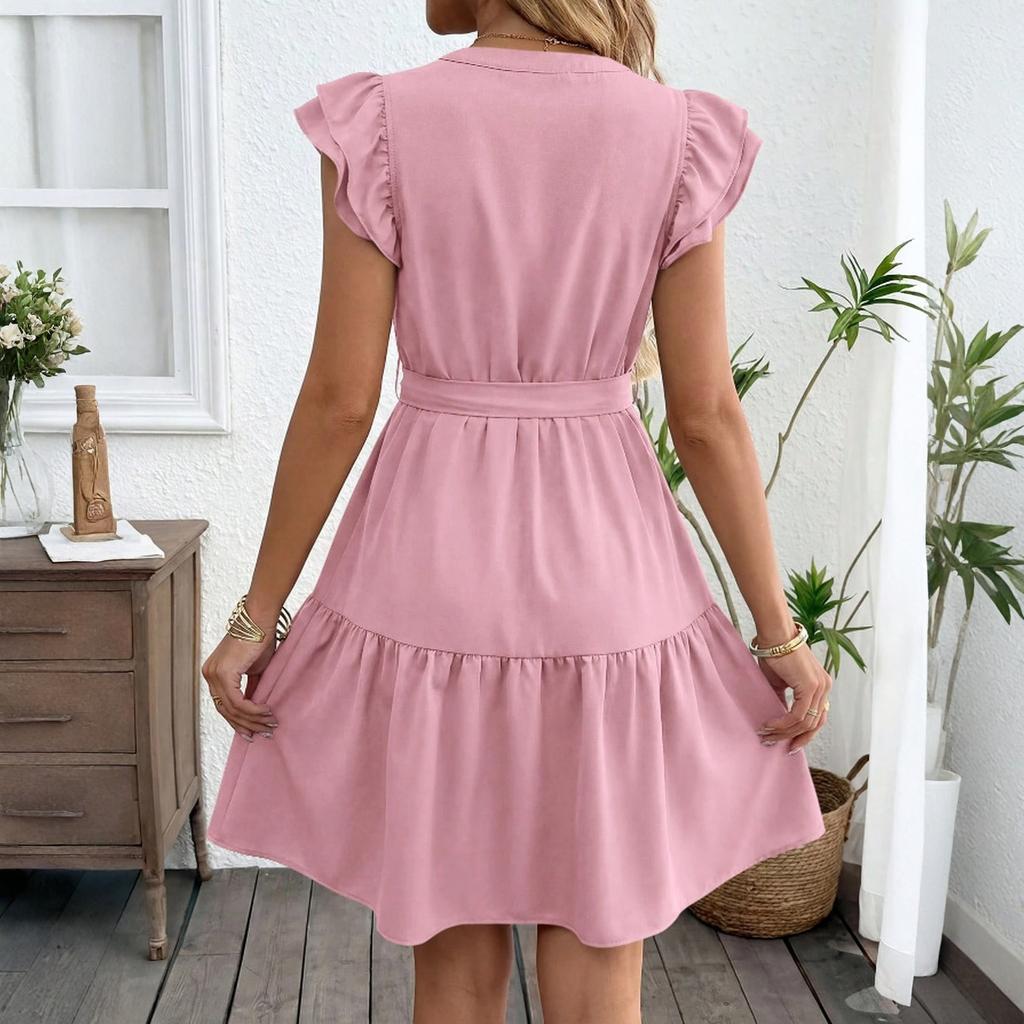 Women's Fashion V-neck Short Sleeve  A- Line Skirt Lace-up Waisted Dress