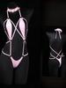 Role Play Lingerie Women's Sexy Mesh PU Leather Splicing See-through Slim Hanging Neck Free Temptation Erotic Open Anal Bodysuit