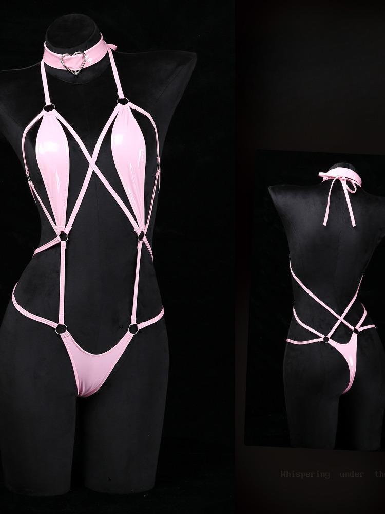 Role Play Lingerie Women's Sexy Mesh PU Leather Splicing See-through Slim Hanging Neck Free Temptation Erotic Open Anal Bodysuit