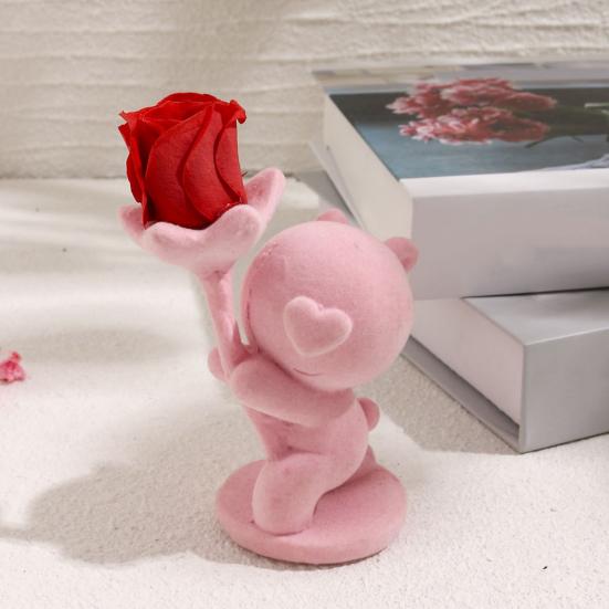 Valentine’s Day Bear Ornament with Preserved Rose Holding Eternal Flower Flocking Bear Decoration Wedding Anniversary