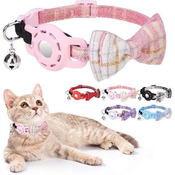 Airtag Cat Collar with Bells and Bowtie -Safety Elastic Band Kitten Collar for Apple Air Tag Holder- Cute GPS Cat Tracker Collars for Girl Boy Cats