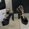 Fashion Liyke Runway Fashion Rhinestone Chain Ankle Strap Gold Sandal Women Elegant Square Toe Platform High Heels Wedding Banquet Shoes