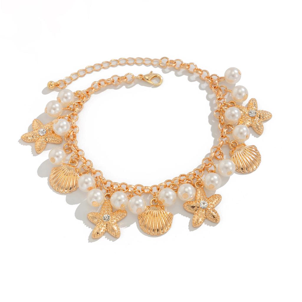 Ocean Vacation Style Starfish Scallop Shell Anklet, Bohemian Stacked Imitation Pearl Beaded Feet