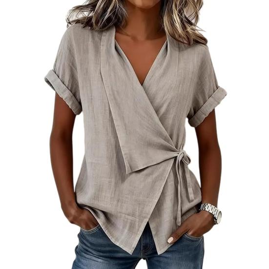 Women Tops V Neck Short Sleeve Pure Color Shirt with Side Tie Irregular Loose Fit Tee Shirt Summer Daily Wear