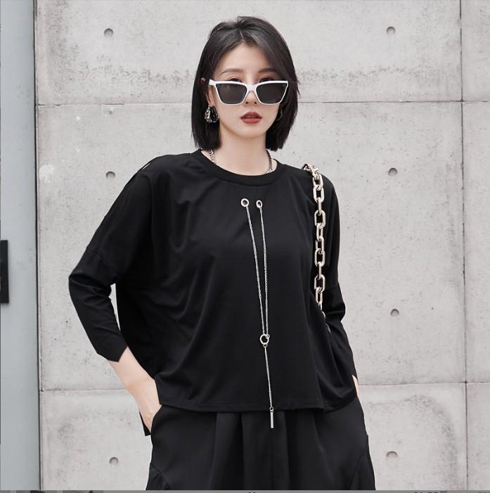 

2025 Женский европейско-американский дизайн: Свободная футболка с рукавом семь восьмых L (120-150 jin) чёрный