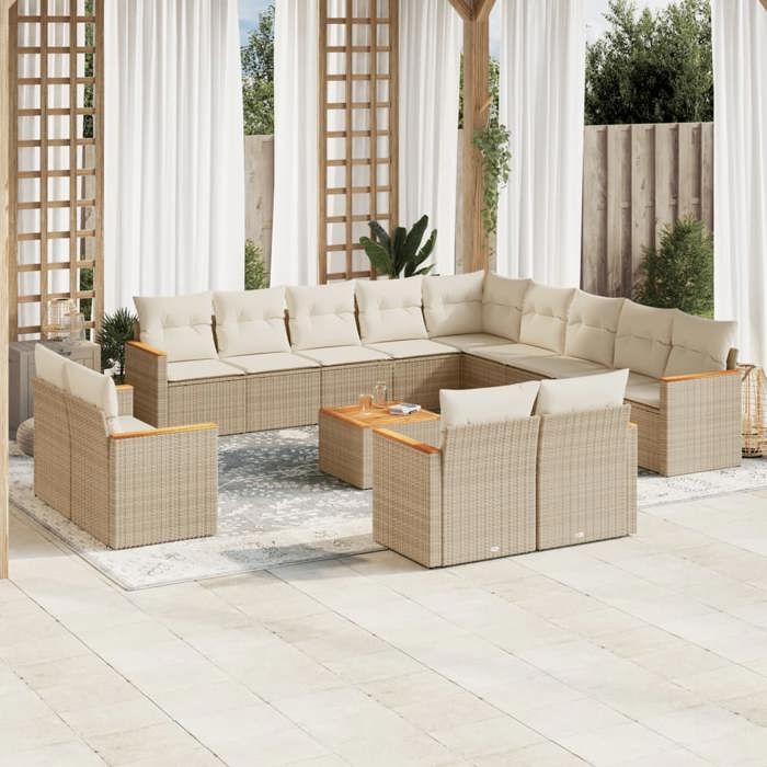 VidaXL Salon de Jardin avec Coussins 14 pcs, Canapés de Terrasse, Ensemble de Meubles de Patio, Mobilier d'Extérieur, Beige 3258936
