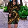 Damen Übergröße V-Ausschnitt Langarm Schwarz Gold Grün Bedruckt Figurbetontes Kleid