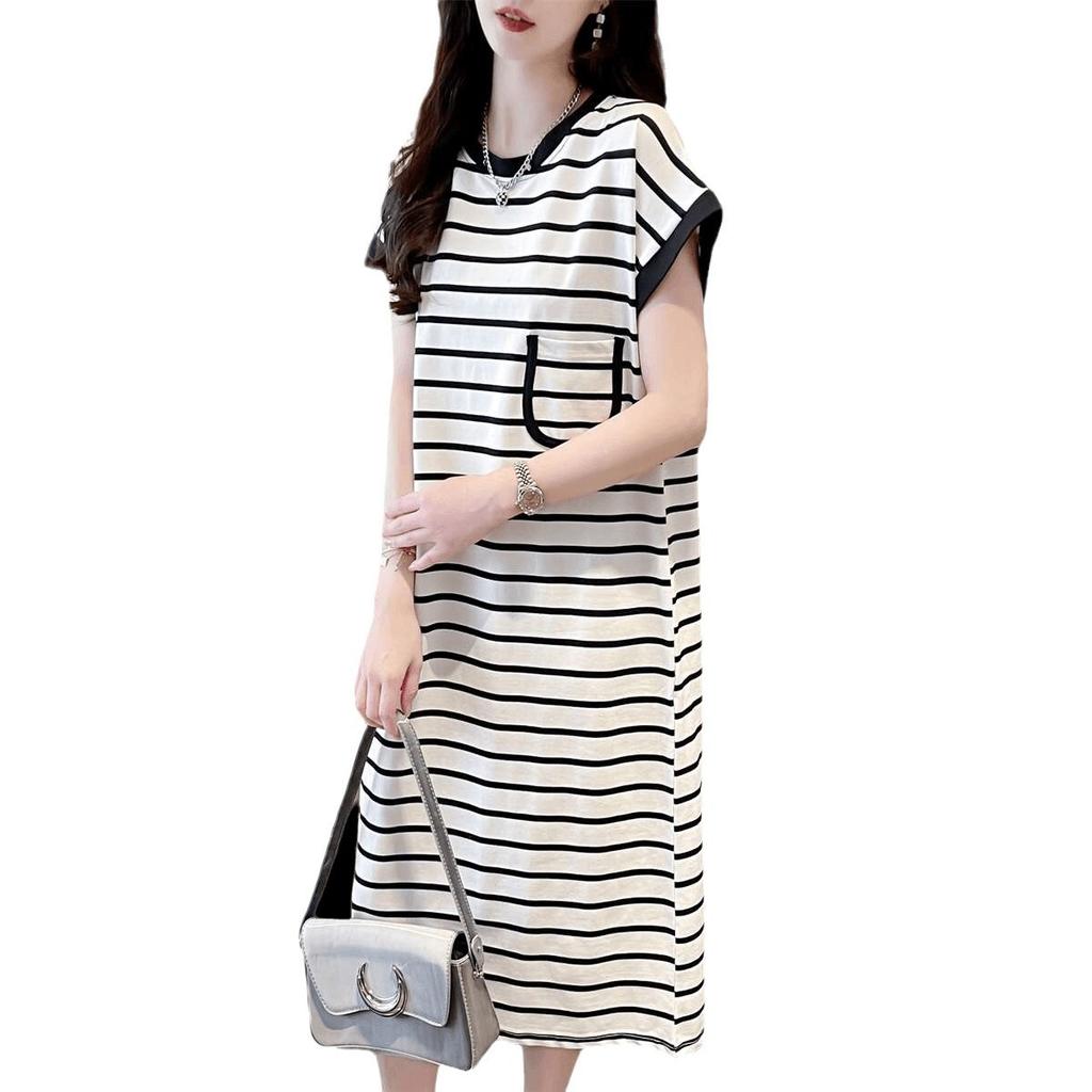 Long Loose and Thin Striped Dress, New Summer Niche Design Casual T-shirt Skirt