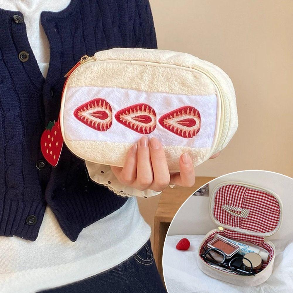 Kawaii Fuzzy Pen Bag Cute Embroidered Multi-functional Makeup Bag Strawberry Sandwich Cosmetic Bag School Office