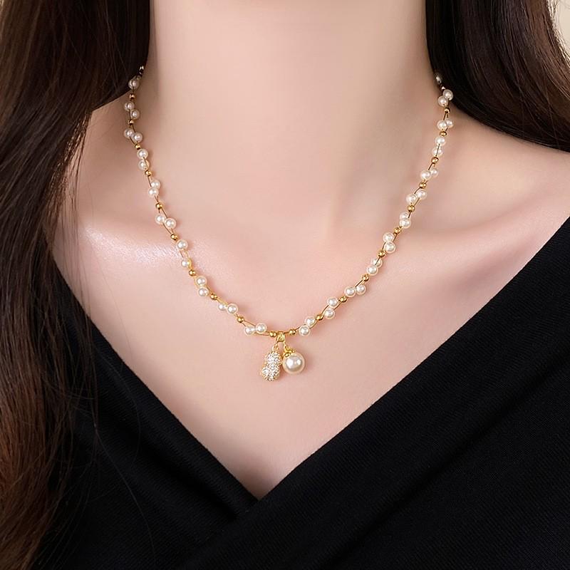French Gold Diamond Pearl Necklace - Elegant Niche Design, High-End and Versatile Clavicle Chain