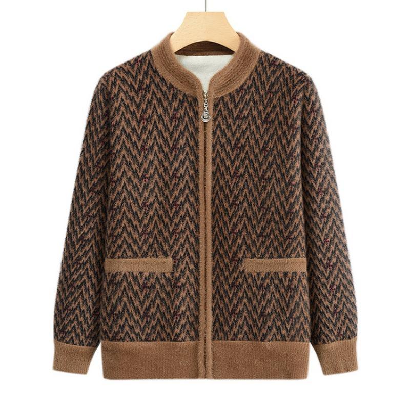 Mom autumn and winter crew neck cardigan fleece thermal top medium and old loose casual comfortable grandma coat