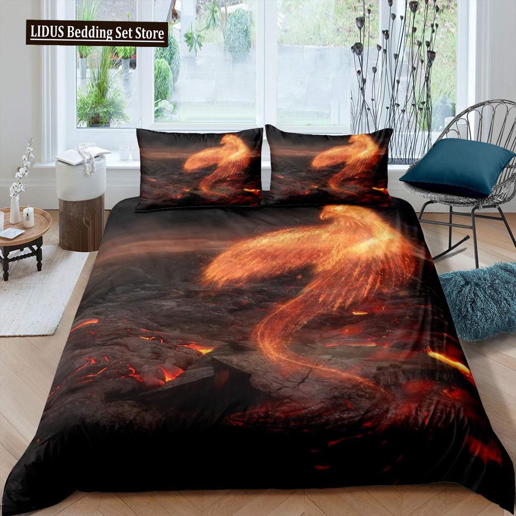 Dragon And Phoenix Duvet Cover Set Full Queen Size, Fantasy World Monster Gothic Bedding Sets Bohemian Mandala Comforter Cover
