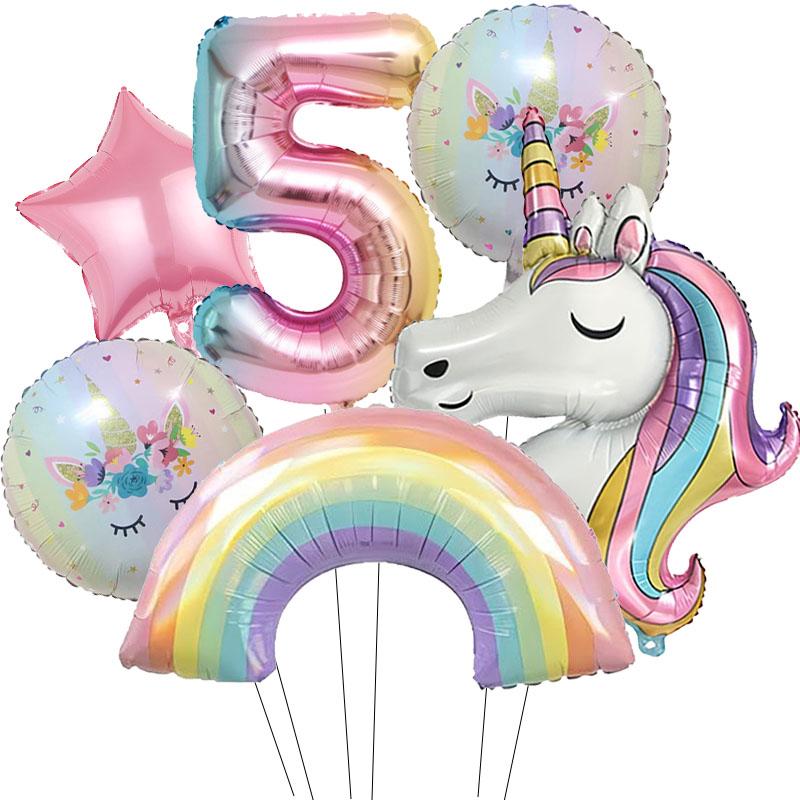 6pcs ainbow Unicorn Aluminum Balloon 32inch Gradient Number Balloon Unicorn Party Supplies Unicorn Party Decoration Baby Shower