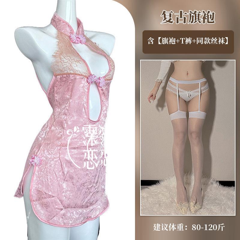 Sexy Retro Cheongsam Free Sex Underwear Women's Side Split Mesh Transparent Lace Large Size Uniform Temptation