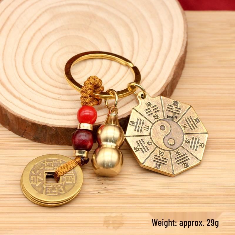 Brass Five Emperors Coin & Pixiu Keychain with Abacus, Gourd & Dragon Talisman for Wealth Attraction