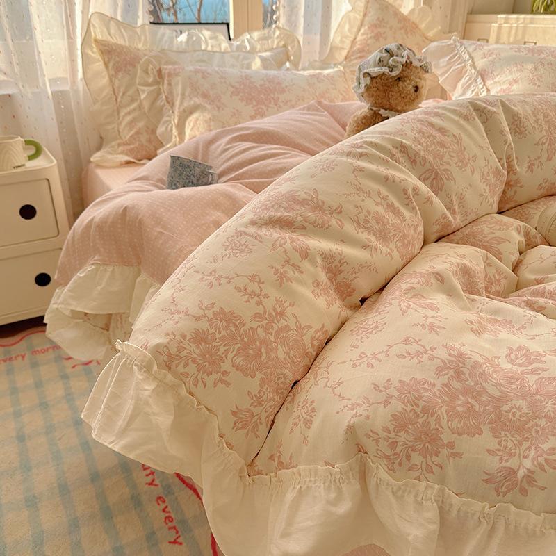 French Lace Bed Four-piece Set Pure Cotton Skin-friendly Comfortable Breathable Washed Bed Sheet Quilt Cover Pillowcase