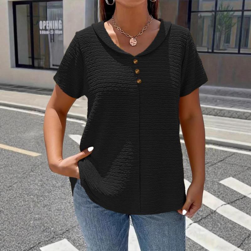 Camiseta Elegante Gola Boneca Tamanho Grande para Mulheres Cor Sólida Manga Curta Botões Plissados Tops Verão Solta Casual Simples Doce Camisa Roupa Feminina