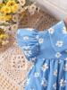 Little Girl Summer Outfit 1-8Y Baby Blue Daisy Print Dress Cottagecore Style Square Neck Smocked Waist Kids Clothes Summer Daily Wear