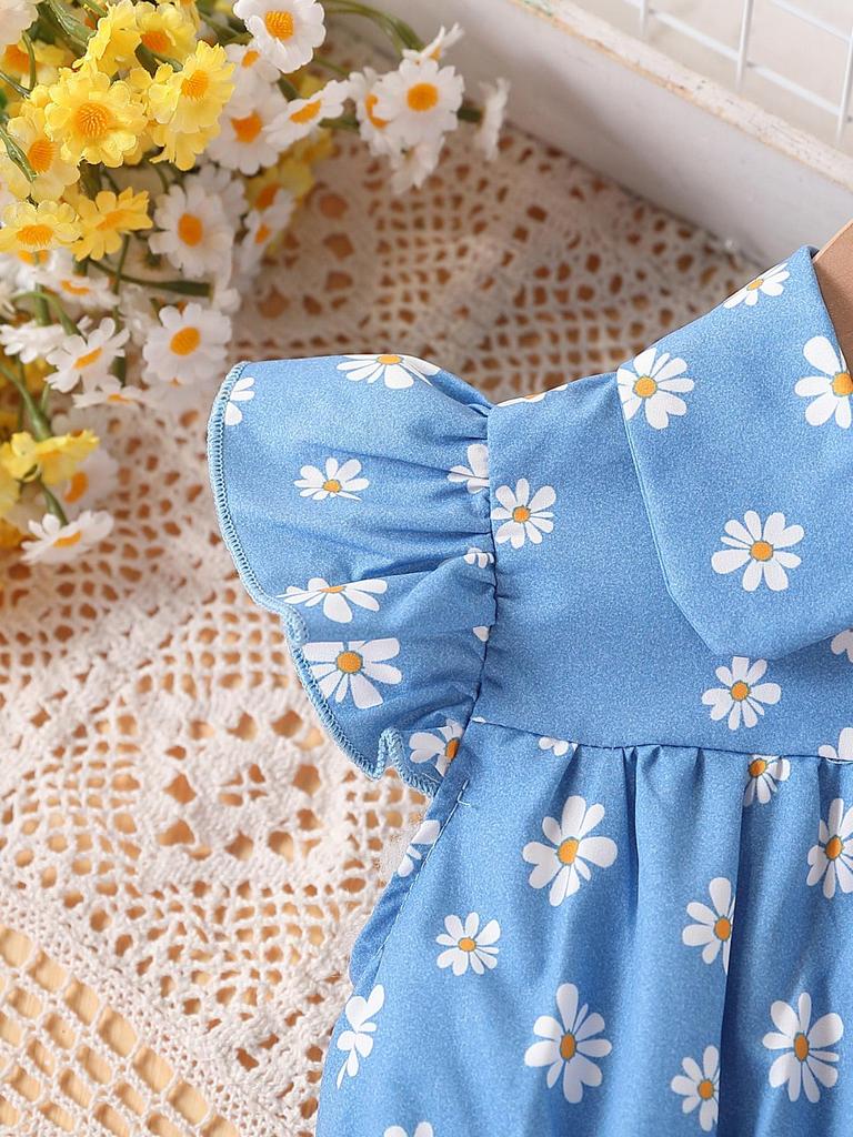 Little Girl Summer Outfit 1-8Y Baby Blue Daisy Print Dress Cottagecore Style Square Neck Smocked Waist Kids Clothes Summer Daily Wear