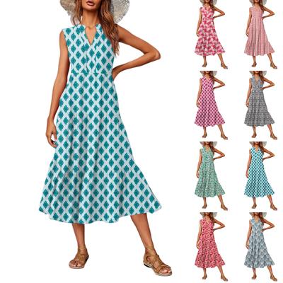 Women's Casual And Fashionable V-neck Sleeveless Printing Mid Length Dress
