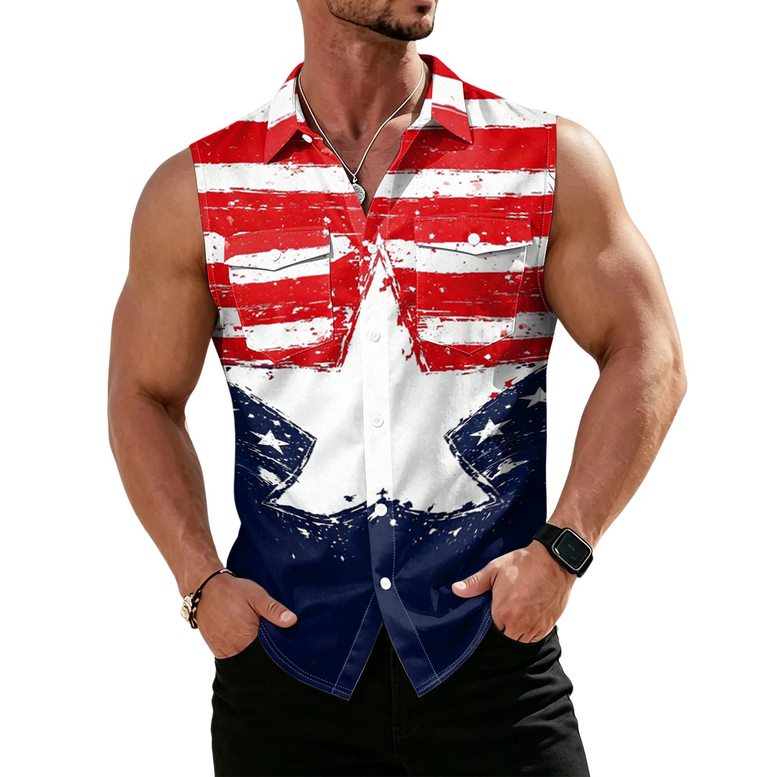 

Men’s Sleeveless Button Down Shirt Star Pattern Casual Fit Denim Style Front Pocket Design for Summer Outdoor Wear XXL