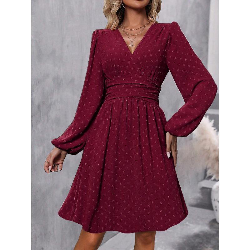 QICED Fashion Autumn Winter Solid Color Print V-Neck Long Sleeve Casual Dresses