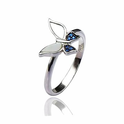 S925 Silver Micropaved Blue Spinel Natural White Shell Butterfly Animal Ring Jewelry