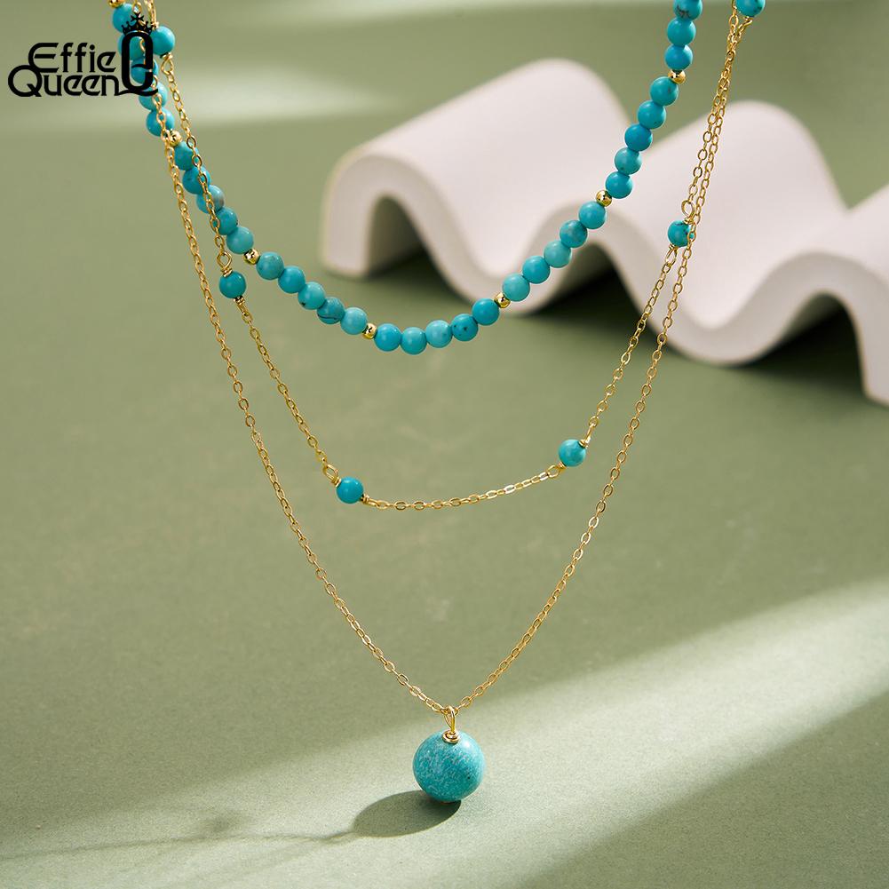 EFFIE QUEEN Trendy 925 Sterling Silver Layer Chain Necklace Turquoise Stone Pendant Choker Chain Daily Fine J ewelry Gift BQN33