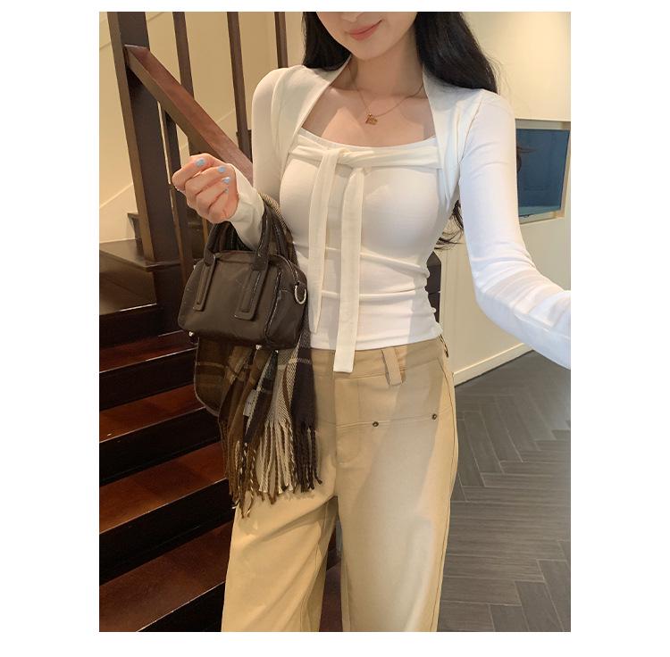 Women's Lace-Up Square Neck Slimming Crop T-Shirt for Autumn/Winter 2025