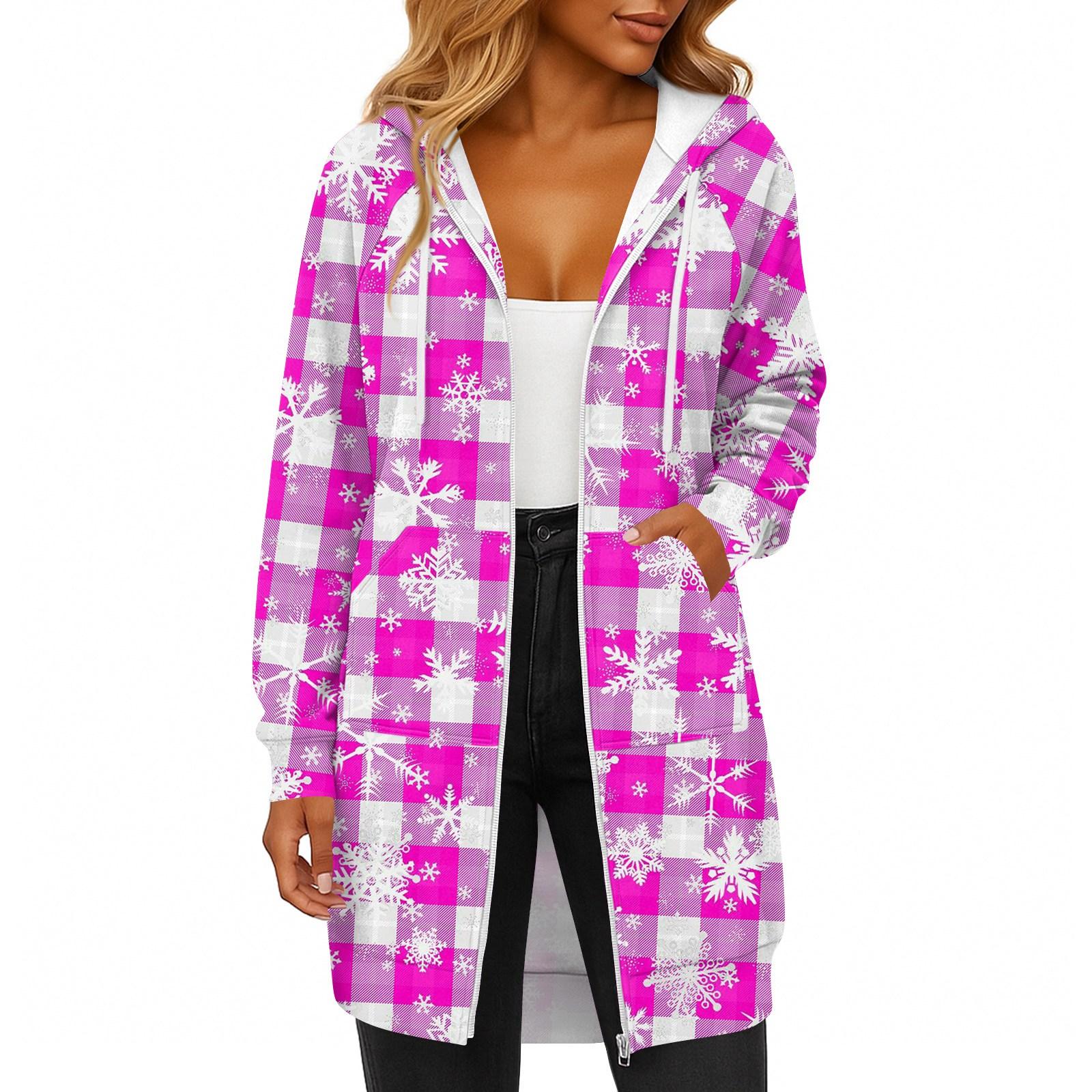 

Женская модная рождественская толстовка с длинными рукавами, капюшоном на кулиске, карманом на молнии, длинная, повседневная L