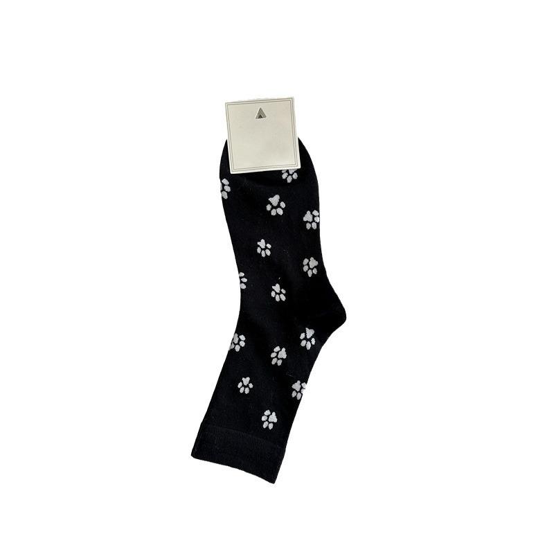 Korean Style Cute Puppy Paw Print Socks Medium Tube Socks Black And White Gray Niche Design Pure Cotton Stacking Socks