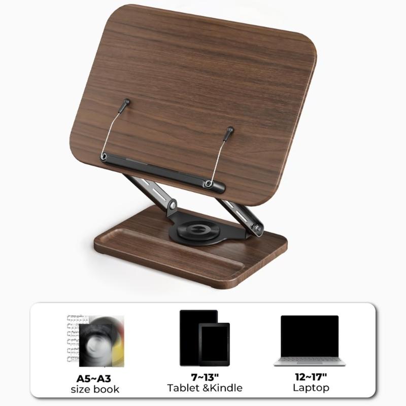Adjustable Bookstand for Study and Cooking 360 Smooth Rotation Expandable Page Clip Heavy Duty Wood Base Mini Storage