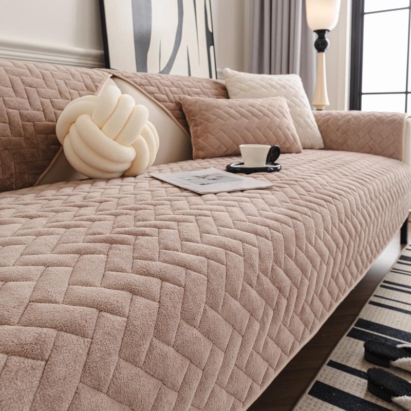 Plush Solid Color Anti Slip Winter Sofas Towel Geometric Brick Pattern Sofa Cover