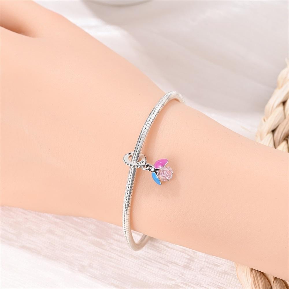 Authentic Original Copper Metal Charm Bead Components Luxury Pink Rose Flowers Fireflies Pendant Bead Components Bead Components Compatible With