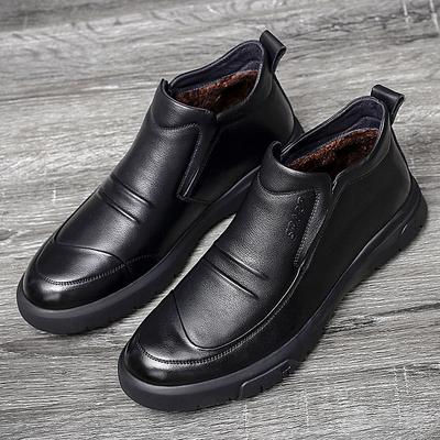 Fashion Winter Plush Warm Chelsea Mens Boots Genuine Leather Business High Top Shoes British Style Low Heel Ankle Boots Versatile Botas