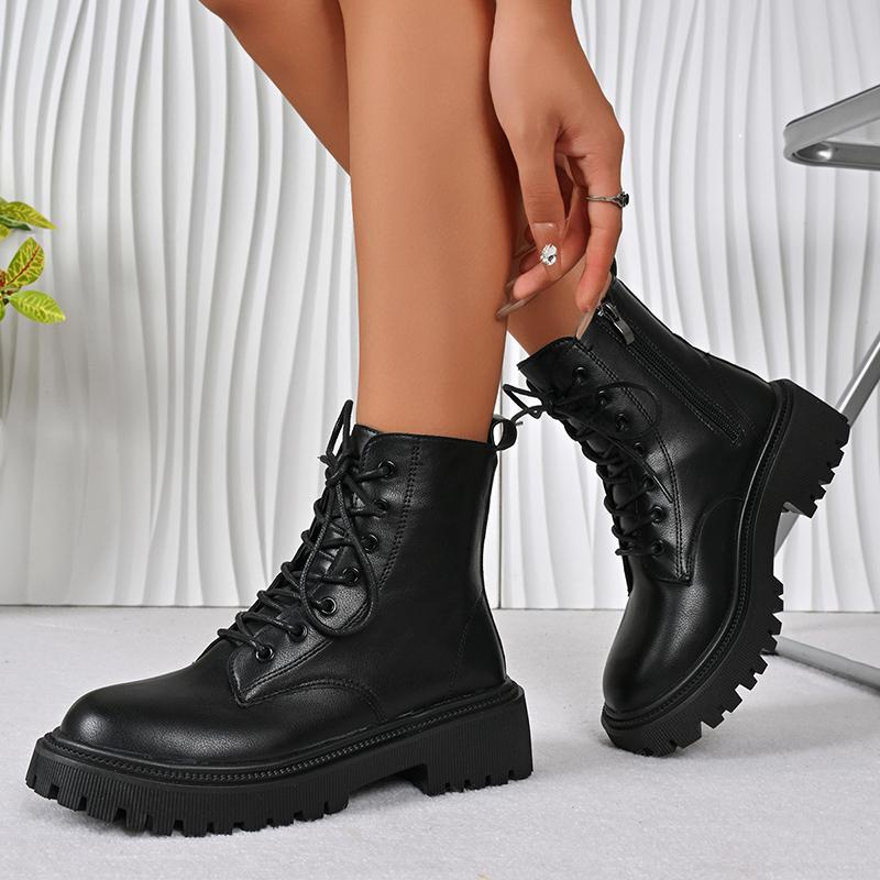 Fashion Black Punk Lace Up Motorcycle Boots Women Autumn Winter Platform Ankle Boots Women Plus Size 35-43 Zip Pu Leather Booties Mujer