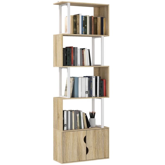 Bookshelf - HOMCOM - 5 Levels - Shelves and Double Door Cabinet - Particleboard - 60 X 23.8 X 179.2 Cm - Natural Wood