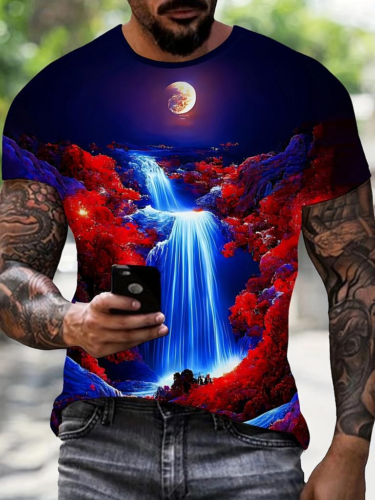 Men's 3D Night & Waterfall Print T-Shirt - Casual Crew Neck, Short Sleeve Tee for Summer Streetwear