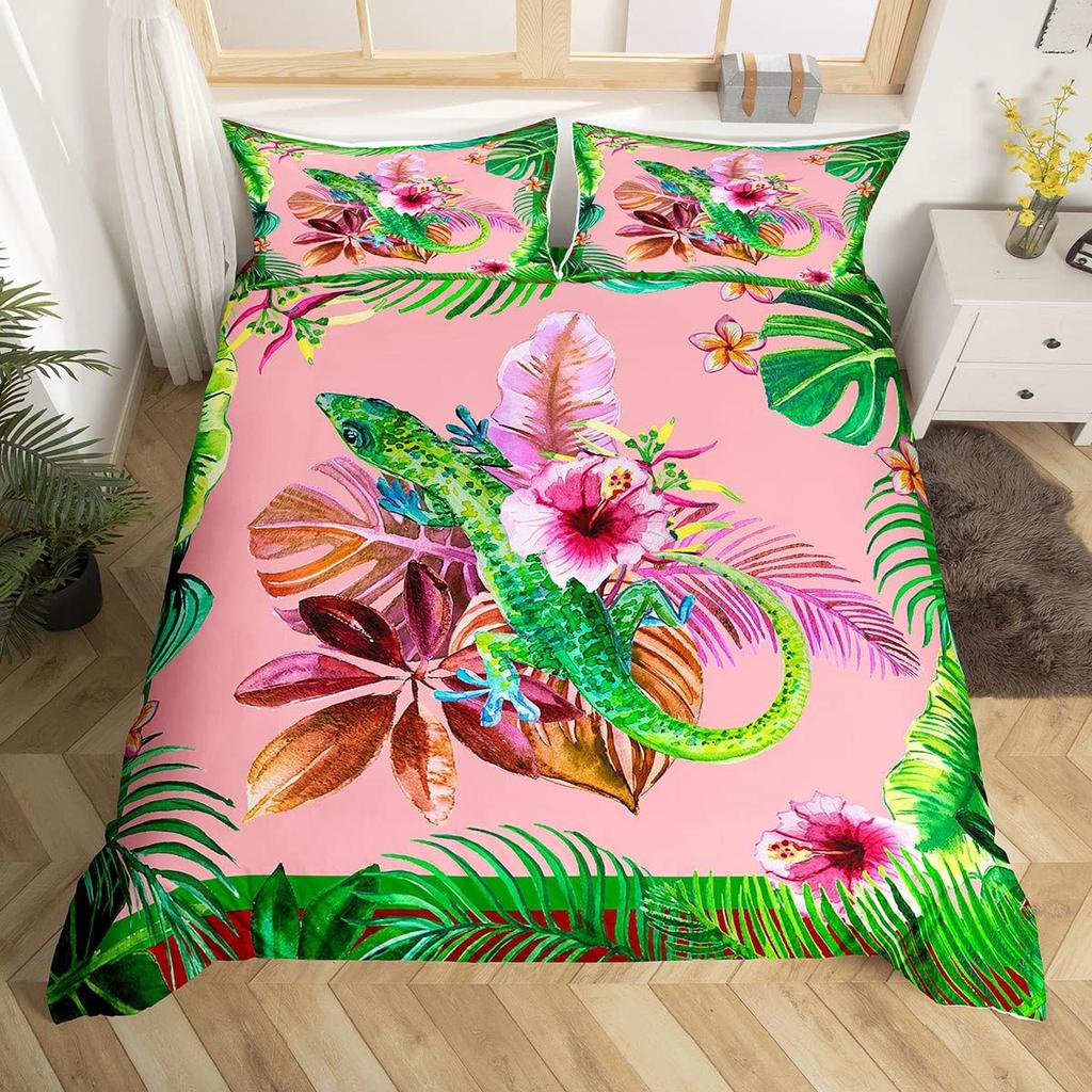 Lizard Warm Comforter Cover for Tens, Reptile Soft Duvet Cover Twin Sized Dimensions, Bohemian Paisley Batik Beding Set Exotic Animal Comfortable