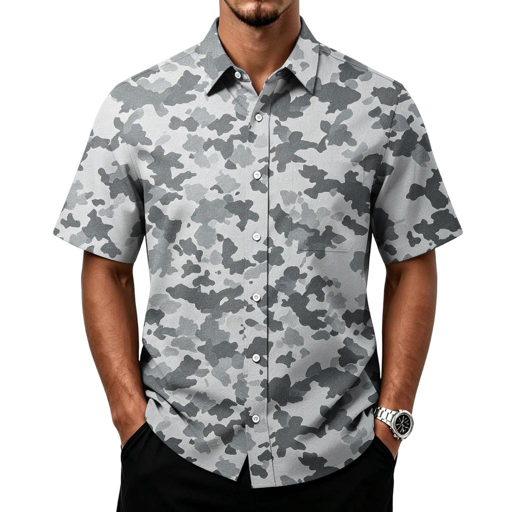 Men's Casual Short Sleeve Button Down Shirt Lightweight Breathable Fabric Classic Fit with Front Pocket Camouflage Print