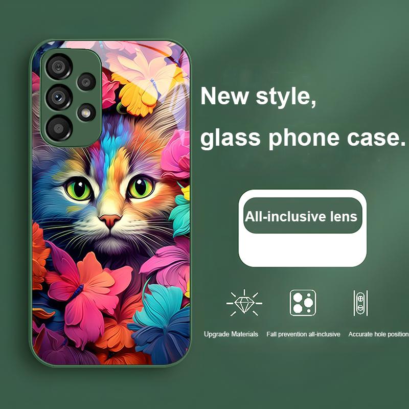 Bunte Blumenkatze Grün Für Samsung Galaxy S24 Plus S20 21 FE S23 Ultra S8 9 A70 72 73 50 51 52 53 Gehärtetes Glas Handyhülle